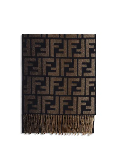 Fendi Men Embroidered Wool Blend Scarf In Brown