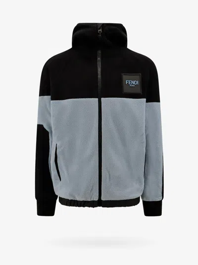 Fendi Men Fleece Sweatshirt With Frontal Logo Patch In Gray