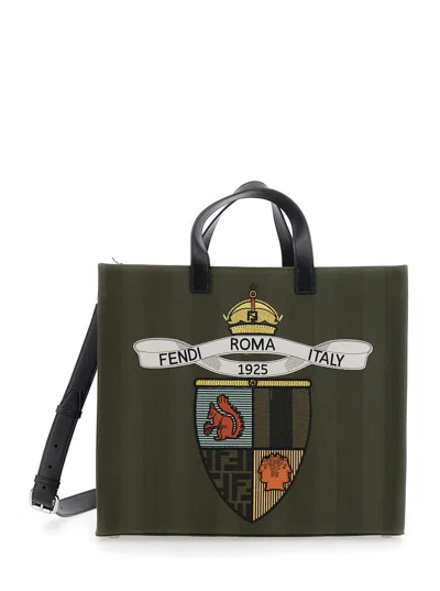 Fendi Men Green Shopper With Vertical Stripes Motif And  Club Patch On The Front In Canvas