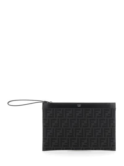 Fendi Men Grey Clutch With All-over Ff Motif In Fabric And Leather Man In Multi
