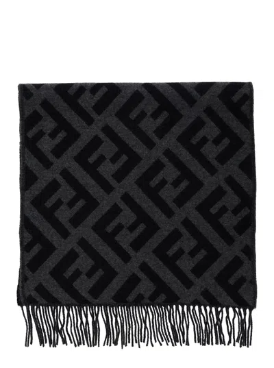 Fendi Men Grey Scarf With All-over Ff Motif And Frayed Hem In Cashmere Woman In Black