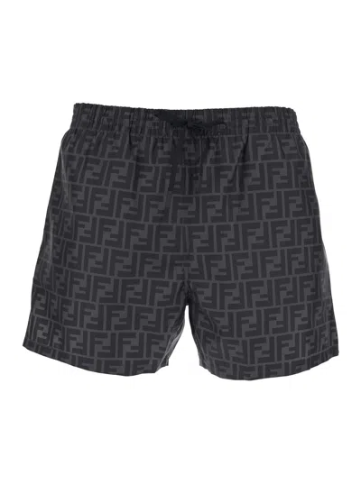 Fendi Men Grey Swim Shorts With Elastic Drawstring Waist And All-over Ff Motif In Tech Fabric Man In Gray