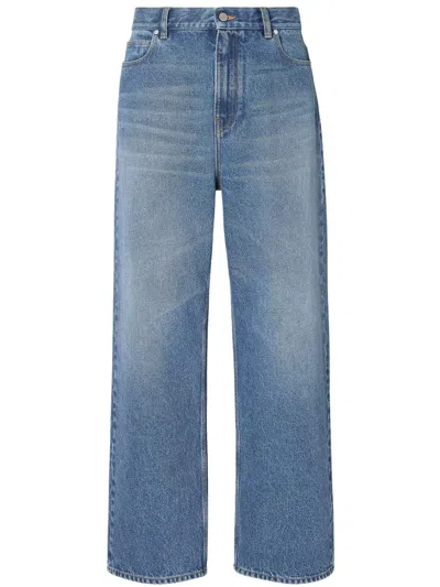 Fendi Men's High-waist Straight Jeans In Cotton Denim With Contrasting Stitching & Leather Patch In Blue