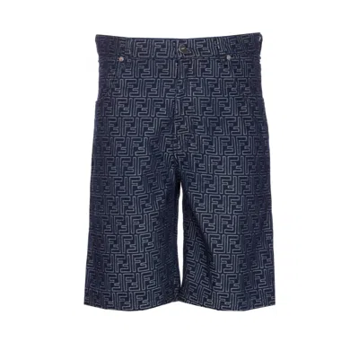 Fendi Men Jacquard Ff Logo Short Jeans In Blue