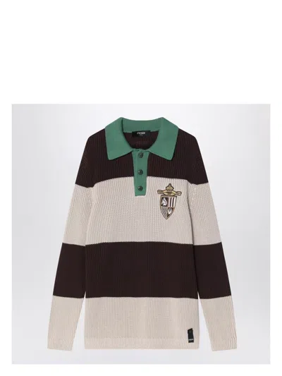 FENDI MEN'S KNITTED COTTON POLO SHIRT WITH AND BEIGE STRIPES