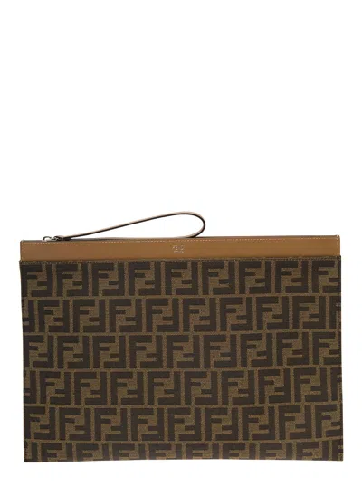 Fendi Jacquard Fabric Large Flat Ff Pouch Bags In Brown
