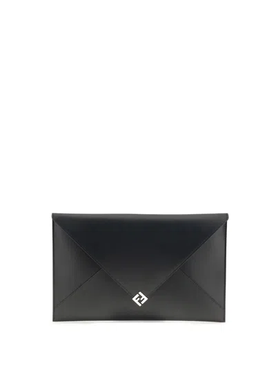 Fendi Large Flat Pouch With Envelope Design And Wrist Strap In Black