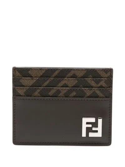 FENDI FENDI MEN LEATHER AND FF CANVAS SQUARED CARD HOLDER