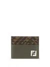 Fendi Brown Card-holder With Squared Ff Motif In Leather And Ff Canvas Man In Green
