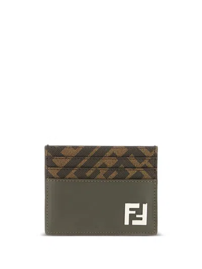 Fendi Men Leather And Ff Canvas Squared Card Holder In Green