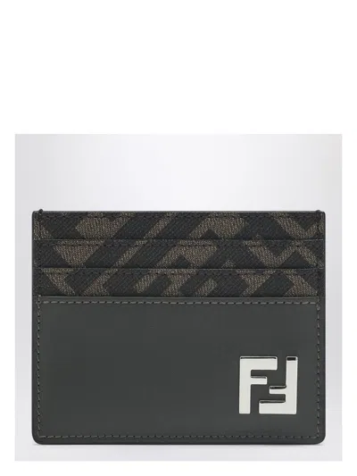 FENDI MEN'S LEATHER AND FF CANVAS SQUARED CARD HOLDER