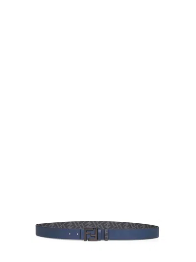 Fendi Men Leather And Ff Canvas Squared Ff Reversible Belt In Blue