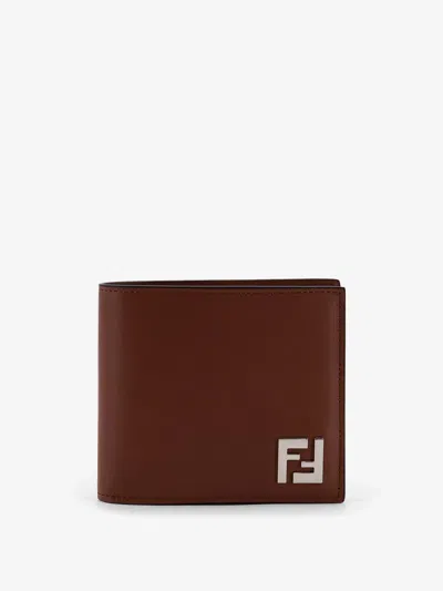 Fendi Men Leather And Ff Jacquard Fabric Bifold Wallet In Brown