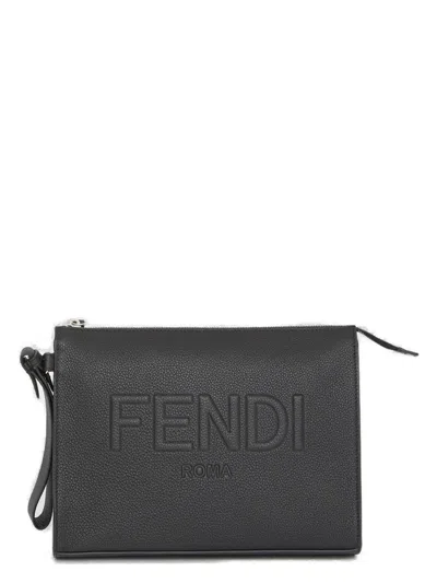 Fendi Men's Leather Clutch With Logo In Black