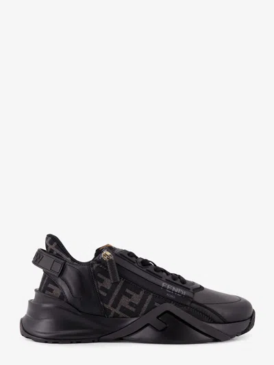 Fendi Men Leather Flow Sneakers With Ff Jacquard Fabric Inserts In Black