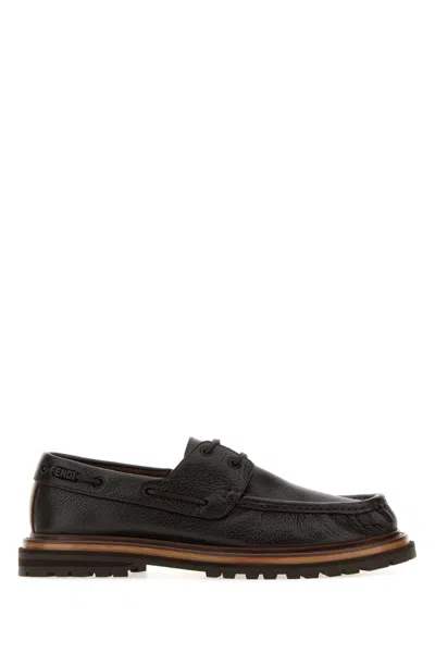 Fendi Men's Leather Loafers With Signature Logo Pattern In Multi