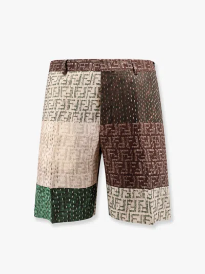 Fendi Ff Patchwork Linen Bermuda Shorts In Pecan-jungle