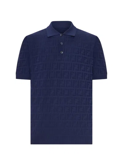 Fendi Men's Logo All-over Cotton Polo Shirt With Button-front Collar In Navy