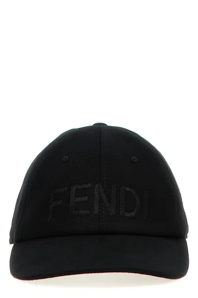 Fendi Men Wool Blend Baseball Hat With Logo Embroidery In Black