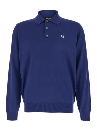 Fendi Long-sleeved Polo Shirt With Classic Collar In Blue