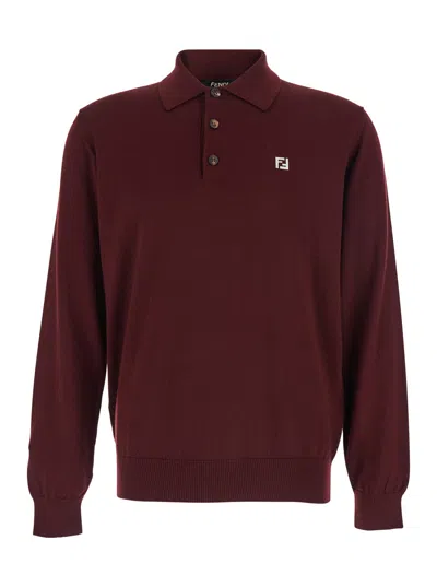 Fendi Knitted Polo Shirt With Ff Detail In Burgundy