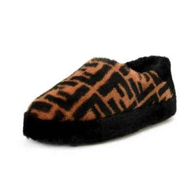 Pre-owned Fendi Men's Logo Print Real Fur Shearling & Leather Slip On Loafers Shoes In Brown
