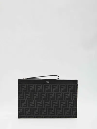 Fendi Men Medium Flat Pouch In Ff Jacquard In Black