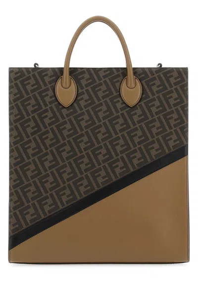 Fendi Men Multicolor Leather And Canvas Shopping Bag In Brown