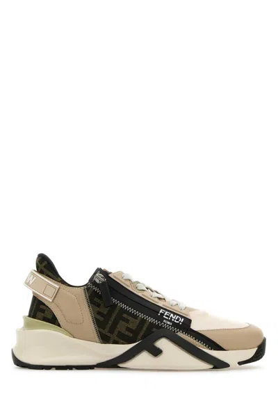 Fendi Beige Leather Sneakers With Ff Motif In Brown