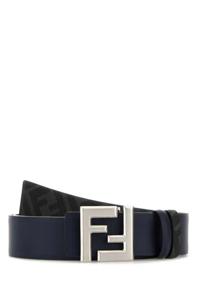 Fendi Men Navy Blue Leather Squared Ff Reversible Belt