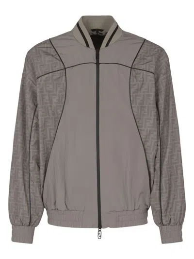 Fendi Men's Nylon Bomber Jacket In Stone Ebano