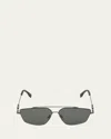 Fendi Men's O'clock Metal Double-bridge Aviator Sunglasses In Shiny Dark Ruthenium Smoke