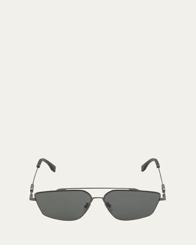 Fendi Men's O'clock Metal Double-bridge Aviator Sunglasses In Black