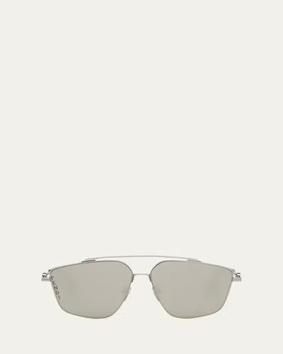 Fendi Men's O'clock Metal Double-bridge Aviator Sunglasses In Shiny Dark Ruthenium Smoke Mirror