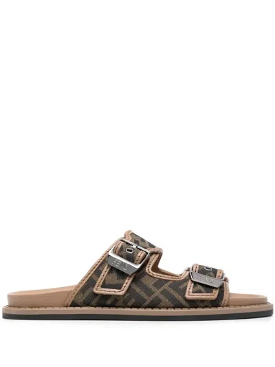 Fendi Feel Ff Jacquard Fabric Sandals In Brown