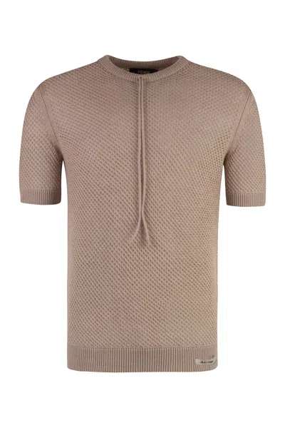 Fendi Mens Short Sleeve Openwork Ribbed Sweater In Tan