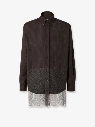 Fendi Men Pinstriped Wool Shirt With Lace Insert In Brown