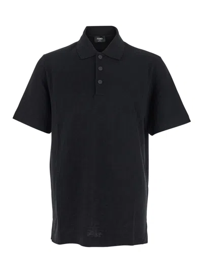 FENDI FENDI MEN BLACK POLO SHIRT WITH ALL-OVER TONE-ON-TONE FF LOGO IN COTTON MAN