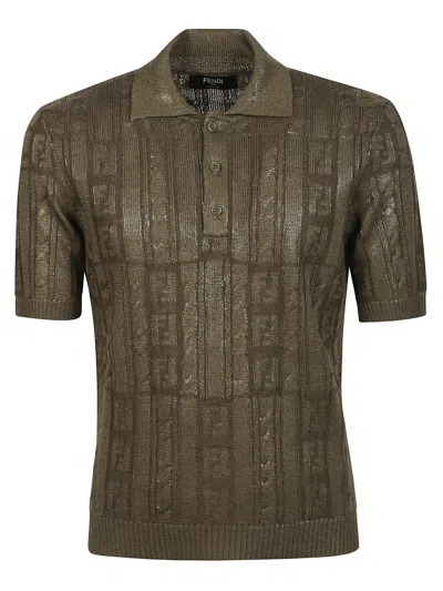 Fendi Braided Wool Polo Shirt With Ff Details In Green