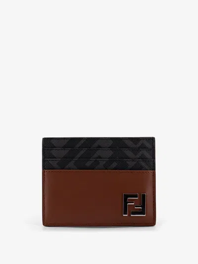 Fendi Men Portacarte In Pelle E Tessuto Ff In Brown