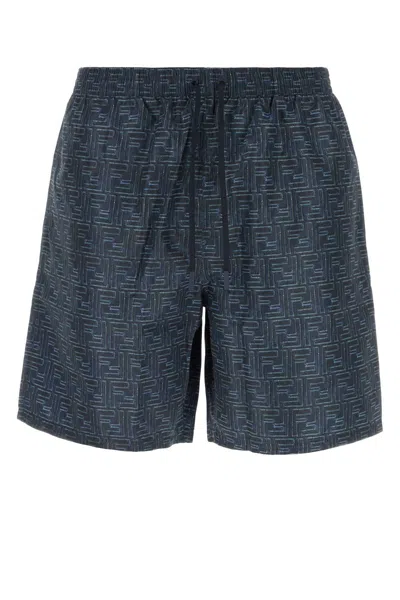 Fendi Men Printed Stretch Nylon Swimming Shorts In Blue