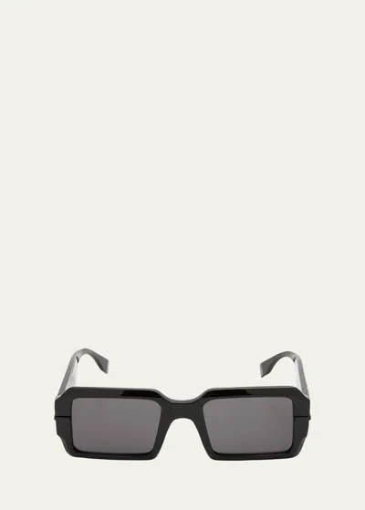 Fendi Men's Raised Logo Rectangle Sunglasses In Shiny Black Smoke