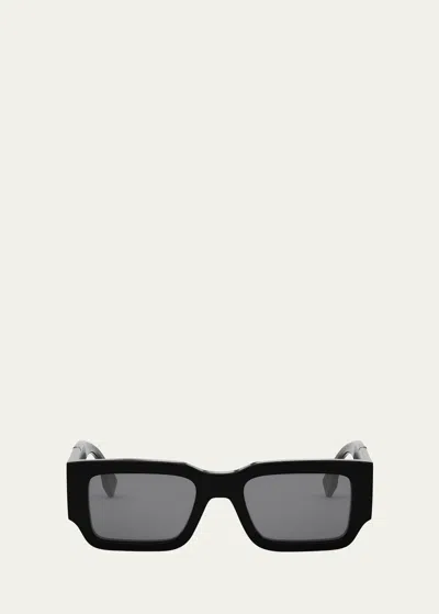 Fendi Men's Rectangle Acetate Sunglasses In Shiny Black Smoke