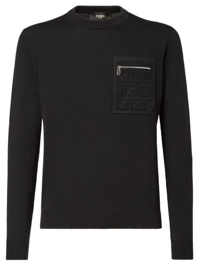 Fendi Men's Regular Fit Crew Neck Long-sleeved Wool Sweater In Black