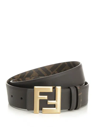 Fendi Reversible Belt With Thin Squared Ff Buckle Belts Brown In Green