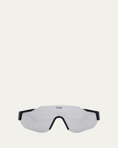 Fendi Men's Rimless Nylon Wrap Sunglasses With Lanyard In Shiny Black Smoke Mirror