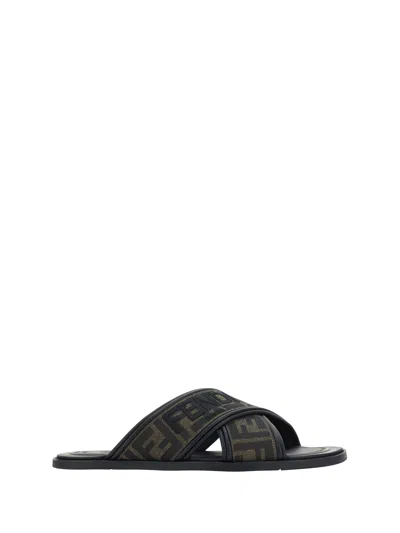 Fendi Double Crossed Band Logo Slides With Jacquard Ff Design In Black