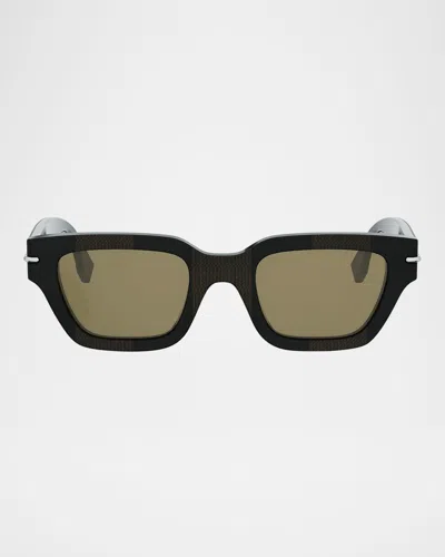 Fendi Men's Selleria Acetate Three-stitch Rectangle Sunglasses In Black