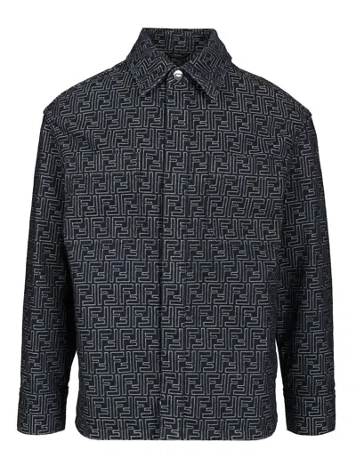 Fendi Men Selleria White Jeans Jacket In Blue