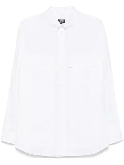 Fendi Men Topstitched  Roma Lettering Cotton Shirt In White